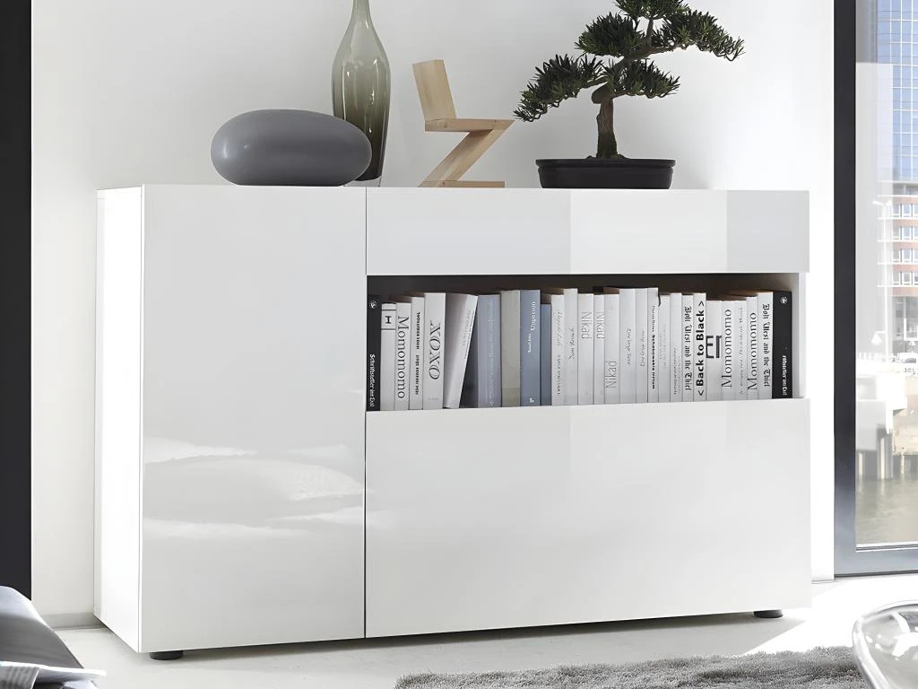 Buffet ALTAIR - 2 Portes & 1 Tiroir - Coloris : Blanc Laqué 2 Buffet ALTAIR - 2 Portes & 1 Tiroir - Coloris : Blanc Laqué – Image 2