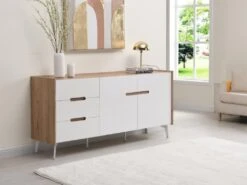 Buffet 2 Portes Et 3 Tiroirs - MDF Et Métal - Blanc Laqué Et Naturel - CAYANA