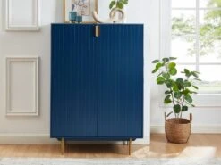 Buffet Haut - 2 Portes - MDF Et Métal - Coloris : Bleu Et Doré - LIKANA