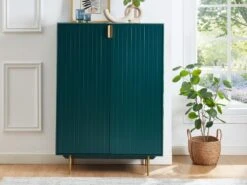 Buffet Haut - 2 Portes - MDF Et Métal - Coloris : Vert Et Doré - LIKANA