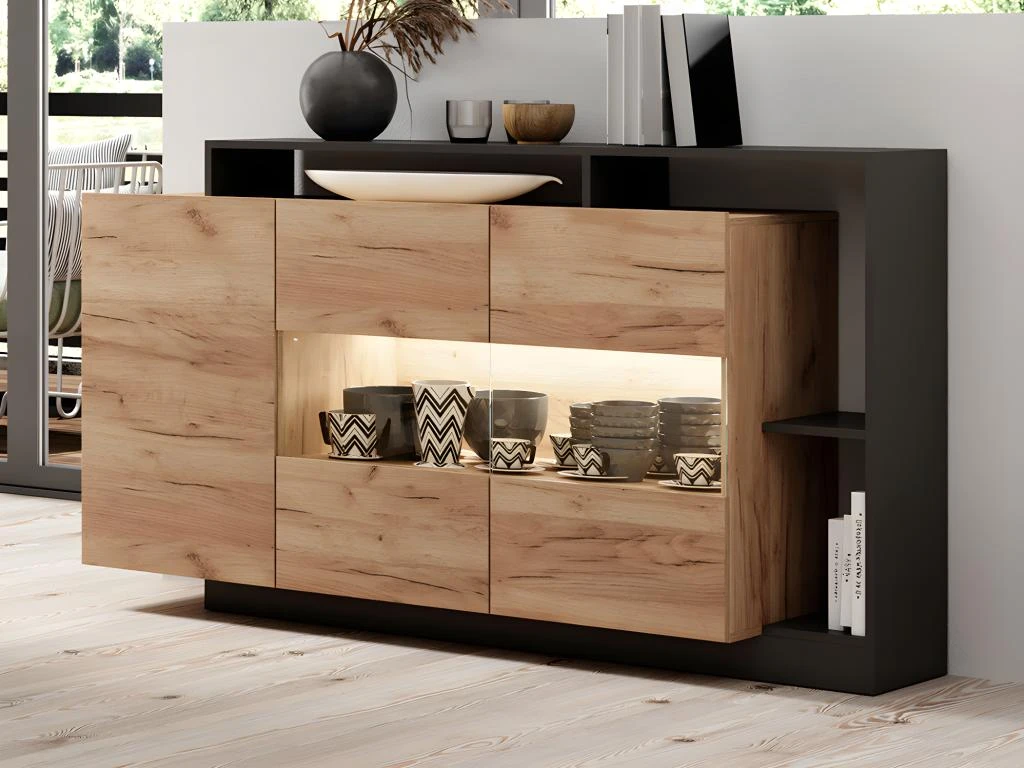 Buffet 3 Portes Et 3 Niches - Avec LEDs - Coloris : Naturel Et Anthracite - IDESIA 2 Buffet 3 Portes Et 3 Niches - Avec LEDs - Coloris : Naturel Et Anthracite - IDESIA – Image 2