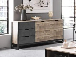 Buffet LAONILE - 2 Portes Et 3 Tiroirs - Noyer Et Anthracite