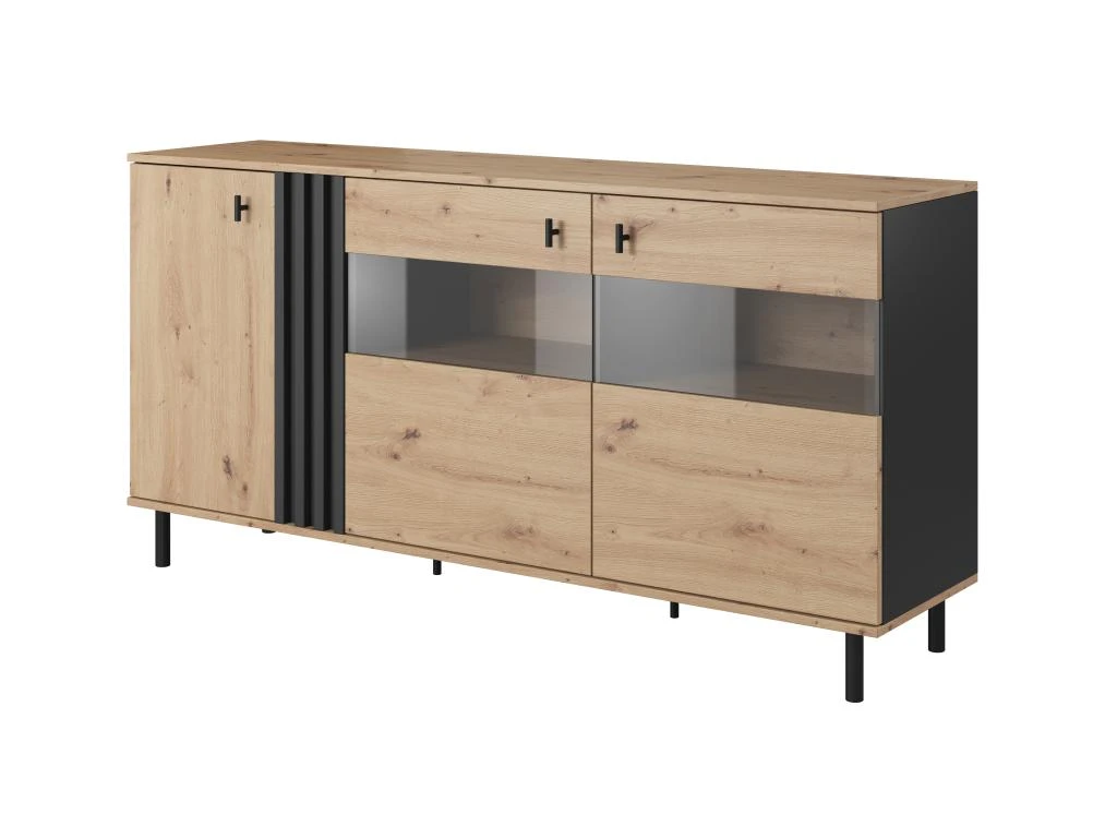 Buffet 3 Portes Avec LEDs En MDF Et Métal - Naturel Et Noir - SABIA 4 Buffet 3 Portes Avec LEDs En MDF Et Métal - Naturel Et Noir - SABIA – Image 4