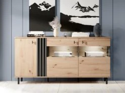 Buffet 3 Portes Avec LEDs En MDF Et Métal - Naturel Et Noir - SABIA