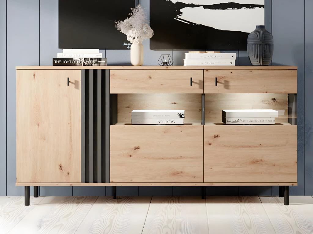 Buffet 3 Portes Avec LEDs En MDF Et Métal - Naturel Et Noir - SABIA 2 Buffet 3 Portes Avec LEDs En MDF Et Métal - Naturel Et Noir - SABIA – Image 2