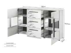 Buffet 180cm Collection BREDA Deux Portes Partiellement Vitrées Et Trois Tiroirs. Coloris Blanc.