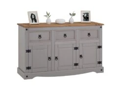 Buffet RAMON Commode Bahut Vaisselier En Pin Massif Gris Et Brun Avec 3 Tiroirs 3 Portes, Meuble De Rangement Style Mexicain En Bois