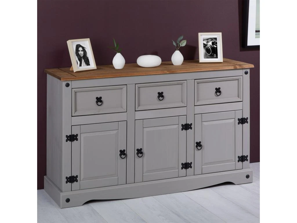 Buffet RAMON Commode Bahut Vaisselier En Pin Massif Gris Et Brun Avec 3 Tiroirs 3 Portes, Meuble De Rangement Style Mexicain En Bois 2 Buffet RAMON Commode Bahut Vaisselier En Pin Massif Gris Et Brun Avec 3 Tiroirs 3 Portes, Meuble De Rangement Style Mexicain En Bois – Image 2