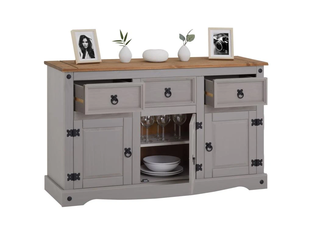 Buffet RAMON Commode Bahut Vaisselier En Pin Massif Gris Et Brun Avec 3 Tiroirs 3 Portes, Meuble De Rangement Style Mexicain En Bois 4 Buffet RAMON Commode Bahut Vaisselier En Pin Massif Gris Et Brun Avec 3 Tiroirs 3 Portes, Meuble De Rangement Style Mexicain En Bois – Image 4