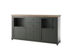 Buffet 180cm Avec LED Intégrées Collection ASSIA. Coloris Vert Et Chêne. 2 Portes Et 4 Tiroirs.