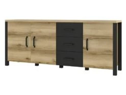 Buffet XL 190cm Collection DARWIN. Couleur Chêne Clair Et Noir. 3 Portes Et 3 Tiroirs