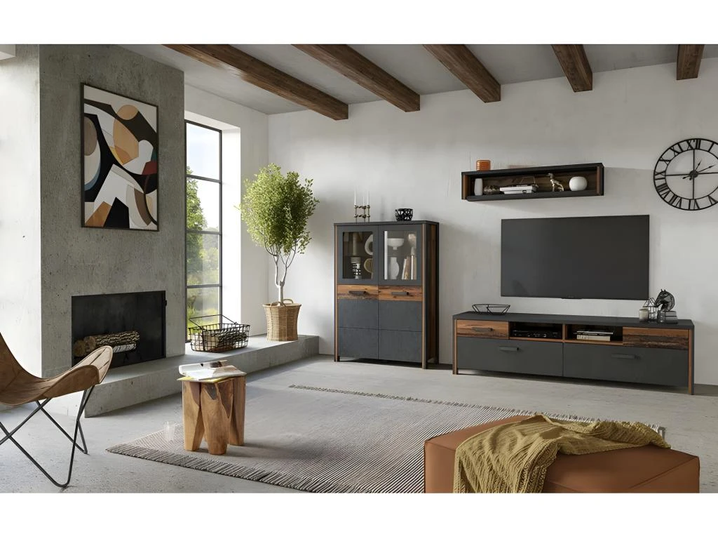 Buffet Haut Collection WINDSOR. Coloris Gris Anthracite Et Chêne Foncé. 3 Buffet Haut Collection WINDSOR. Coloris Gris Anthracite Et Chêne Foncé. – Image 3