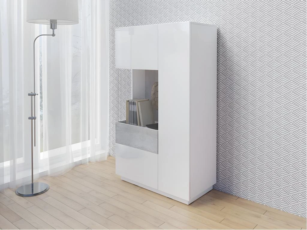 Buffet Haut Avec LED Collection KILES Deux Portes. Coloris Blanc Et Gris Béton. Porte Vitrée à Gauche 2 Buffet Haut Avec LED Collection KILES Deux Portes. Coloris Blanc Et Gris Béton. Porte Vitrée à Gauche – Image 2