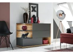 Buffet, Bahut, Enfilade KLIS Trois Portes Et Trois Niches. Coloris Gris Anthracite Et Chêne. Style Design.