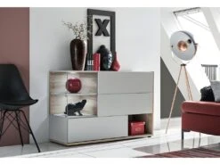 Buffet, Bahut, Enfilade KLIS Trois Portes Et Trois Niches. Coloris Gris Perle Et Chêne. Style Design.