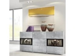 Buffet 2 Portes Et 3 Tiroirs Collection RAMOS. Éclairage LED Intégré. Coloris Gris Effet Béton Et Noir.