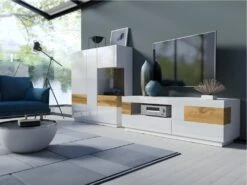 Buffet Haut KILES Trois Portes Avec LED. Coloris Blanc Et Chêne. Style Design -Mobilier De Restaurant buffet 8941605