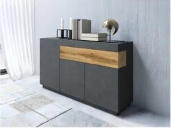Buffet, Bahut, Enfilade KILES Trois Portes Et Un Tiroir. Coloris Gris Anthracite Et Chêne. Style Design -Mobilier De Restaurant buffet 8941901