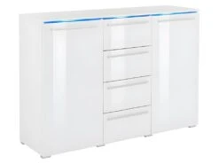 Buffet Design RIO, 2 Portes Et 4 Tiroirs. Coloris Blanc Brillant. LED Incluses