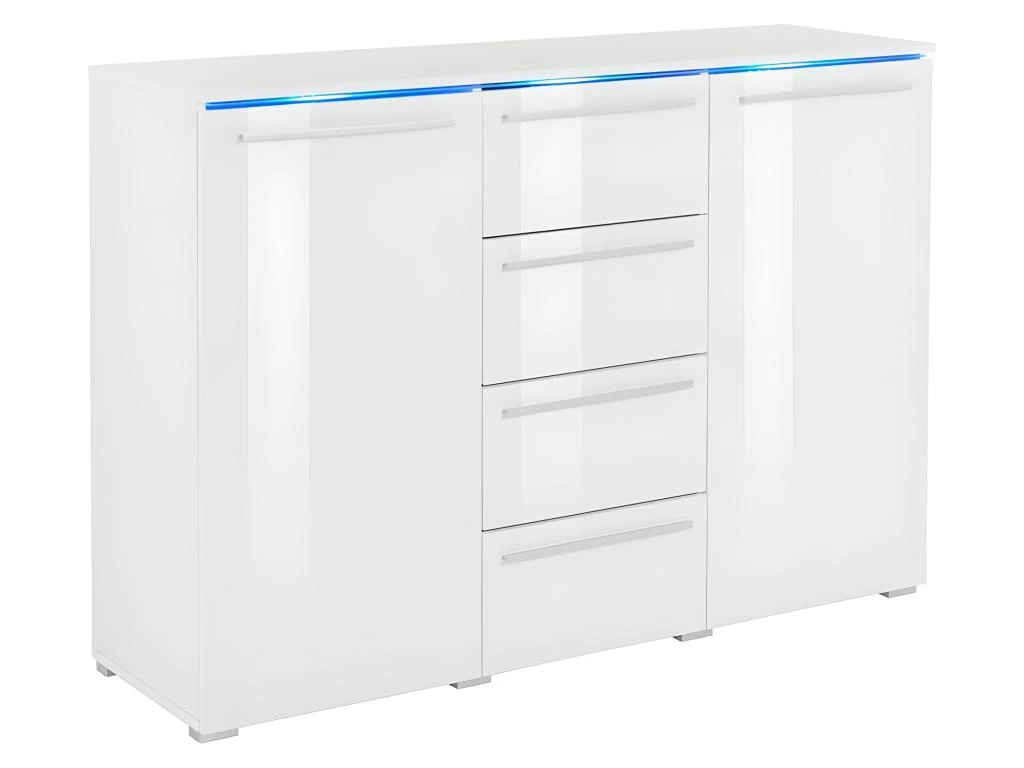 Buffet Design RIO, 2 Portes Et 4 Tiroirs. Coloris Blanc Brillant. LED Incluses 1 Buffet Design RIO, 2 Portes Et 4 Tiroirs. Coloris Blanc Brillant. LED Incluses