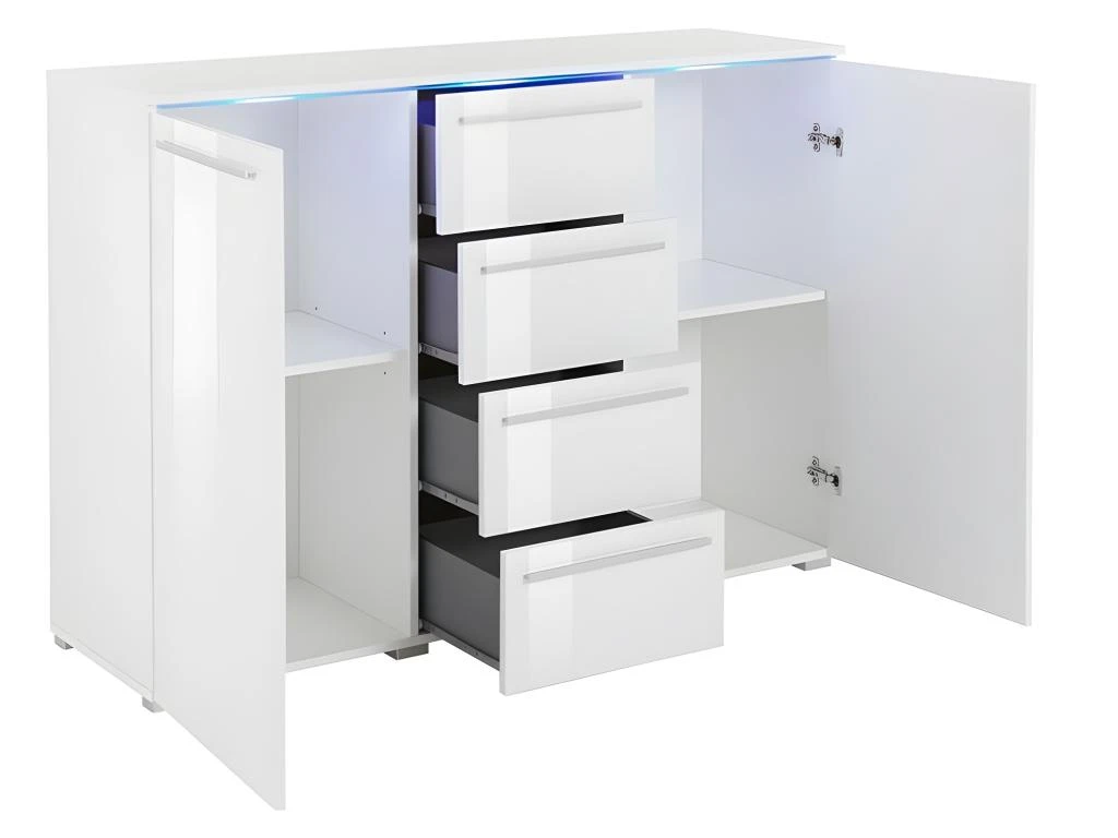 Buffet Design RIO, 2 Portes Et 4 Tiroirs. Coloris Blanc Brillant. LED Incluses 2 Buffet Design RIO, 2 Portes Et 4 Tiroirs. Coloris Blanc Brillant. LED Incluses – Image 2