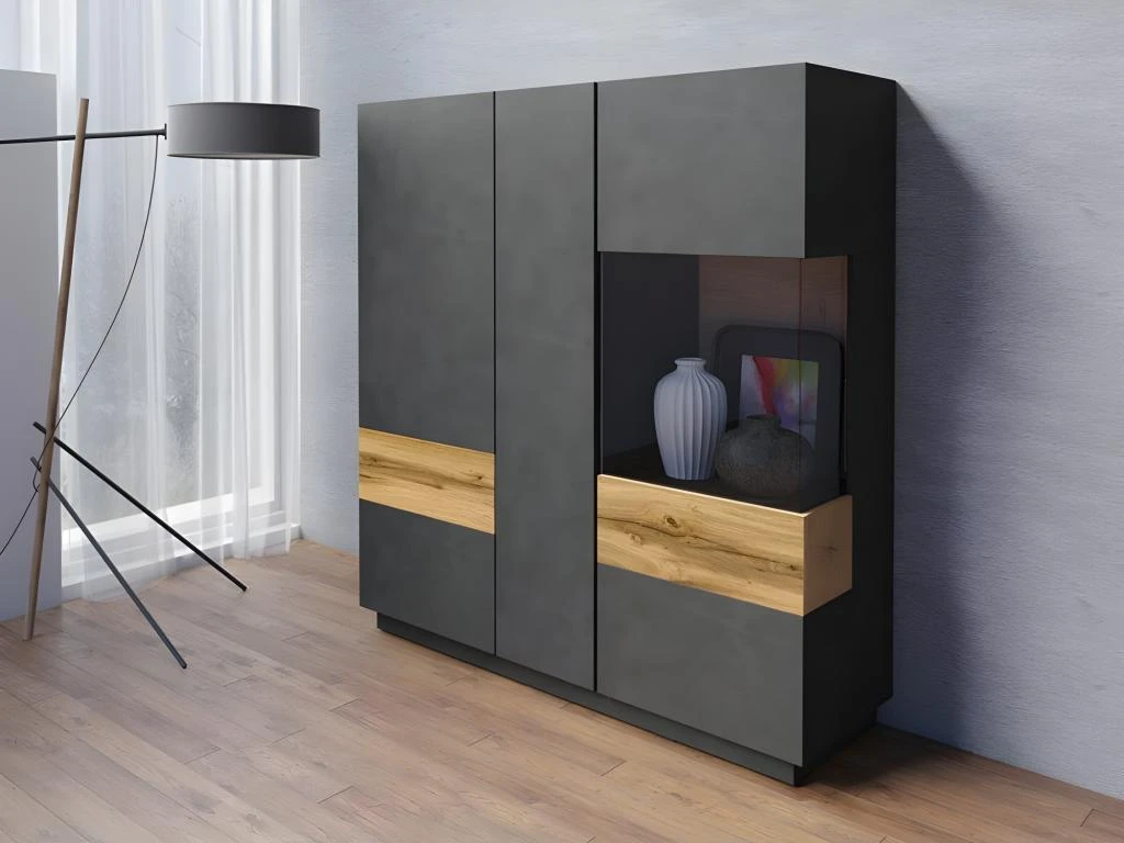 Buffet Haut KILES Trois Portes Avec LED. Coloris Gris Anthracite Et Chêne. Style Design 3 Buffet Haut KILES Trois Portes Avec LED. Coloris Gris Anthracite Et Chêne. Style Design – Image 3