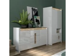 Buffet 2 Portes 3 Tiroirs Avec LED Helios Blanc Laqué Et Bois -Mobilier De Restaurant buffet 9519977