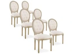 Lot De 6 Chaises Médaillon Capitonnées Louis XVI Tissu Beige