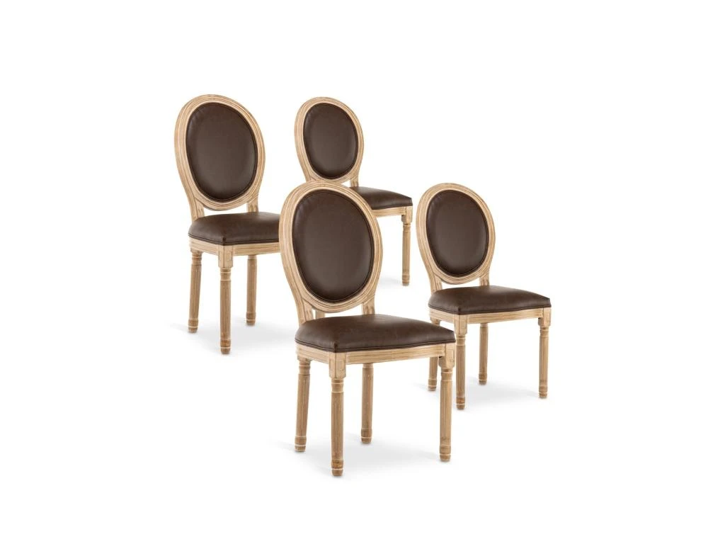 Lot De 4 Chaises Médaillon Louis XVI Vintage Simili Marron 1 Lot De 4 Chaises Médaillon Louis XVI Vintage Simili Marron