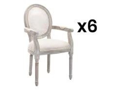 Lot De 6 Chaises Avec Accoudoirs - Cannage, Tissu Et Bois D'hévéa - Beige - ANTOINETTE