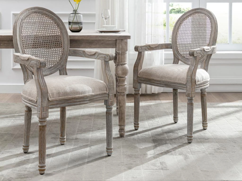 Lot De 6 Chaises Avec Accoudoirs - Cannage, Tissu Et Bois D'hévéa - Beige - ANTOINETTE 2 Lot De 6 Chaises Avec Accoudoirs - Cannage, Tissu Et Bois D'hévéa - Beige - ANTOINETTE – Image 2