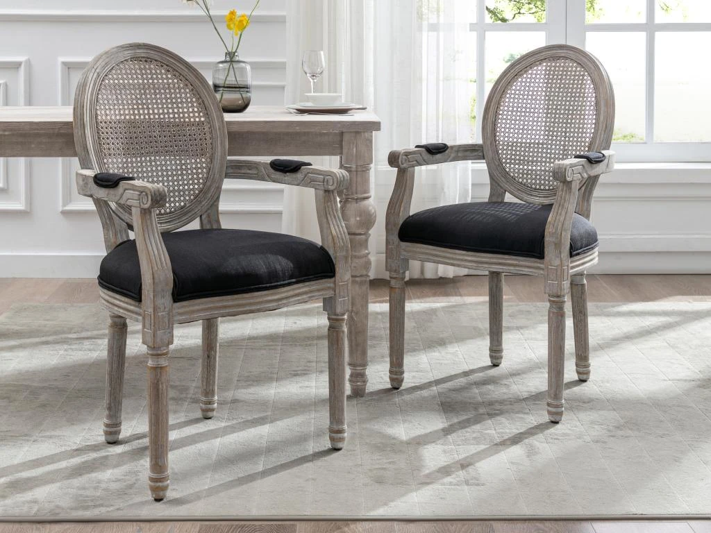 Lot De 2 Chaises Avec Accoudoirs - Cannage, Tissu Et Bois D'hévéa - Noir - ANTOINETTE 2 Lot De 2 Chaises Avec Accoudoirs - Cannage, Tissu Et Bois D'hévéa - Noir - ANTOINETTE – Image 2
