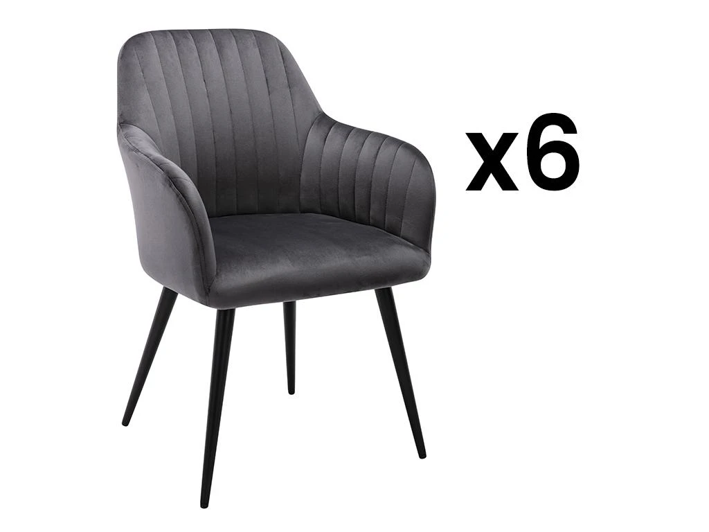 Lot De 6 Chaises Avec Accoudoirs En Velours Et Métal Noir - Gris - ELEANA 1 Lot De 6 Chaises Avec Accoudoirs En Velours Et Métal Noir - Gris - ELEANA