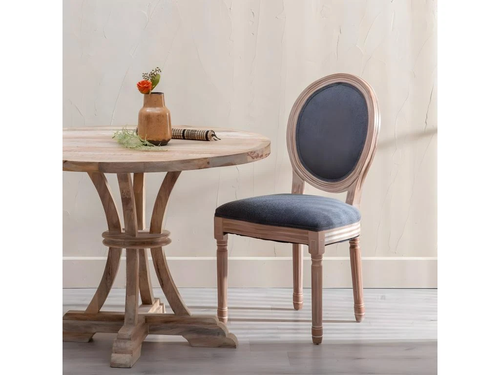 EMIA - Lot De 2 Chaises Médaillon Bois Et Tissu Anthrcite 2 EMIA - Lot De 2 Chaises Médaillon Bois Et Tissu Anthrcite – Image 2