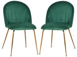 Lot De 2 Chaises Style Art-déco Dossier Strié Arrondi Piètement Métal Doré Incliné Effilé Velours Vert Sapin -Mobilier De Restaurant chaise 12446437