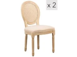 Lot De 2 Chaises En Bois Et Cannage Avec Assise En Tissu Beige