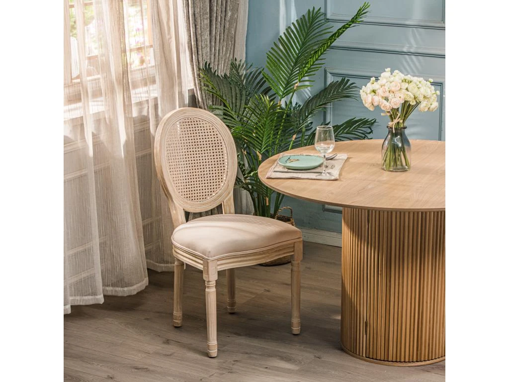 Lot De 2 Chaises En Bois Et Cannage Avec Assise En Tissu Beige 2 Lot De 2 Chaises En Bois Et Cannage Avec Assise En Tissu Beige – Image 2