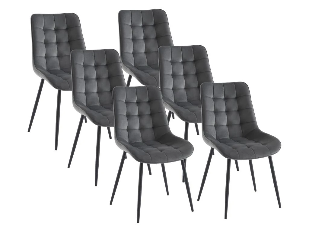 Lot De 6 Chaises Matelassées - Velours Et Métal Noir - Gris - OLLUA 1 Lot De 6 Chaises Matelassées - Velours Et Métal Noir - Gris - OLLUA