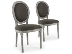 Lot De 2 Chaises De Style Médaillon Louis XVI Bois Gris Patiné & Tissu Gris