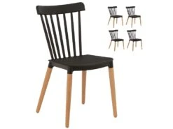KOSMI - Lot De 4 Chaises Noires Style Scandinave à Barreaux Modèle Pop Avec Coque En Résine Noire Et Pieds En Bois Naturel