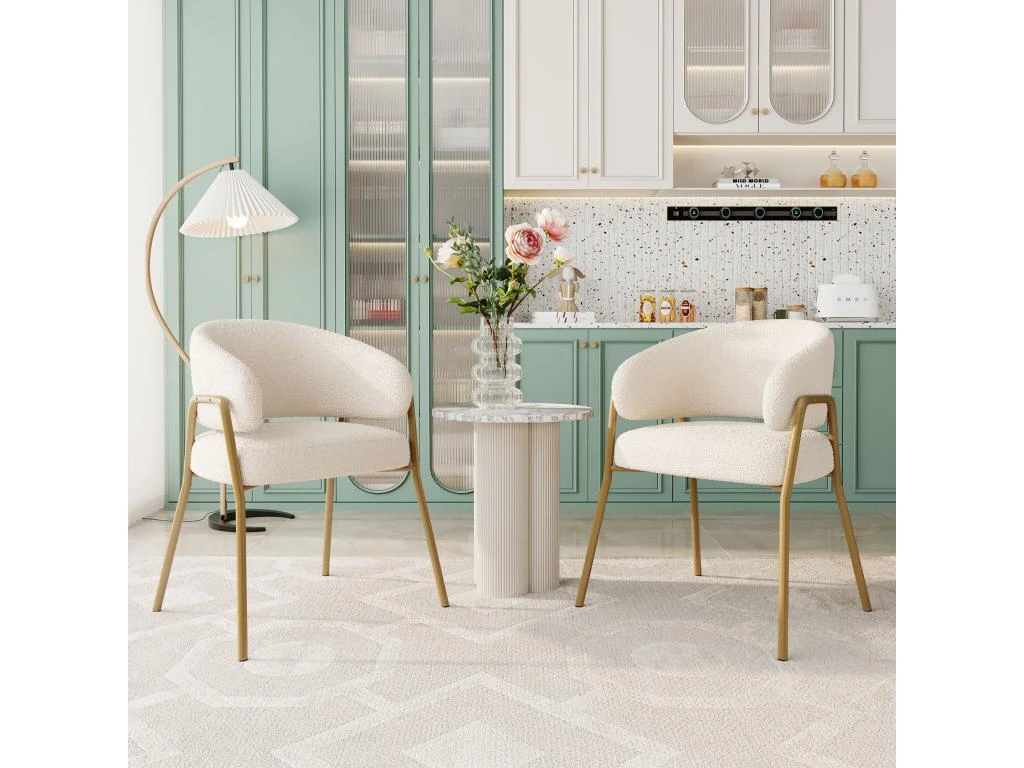 Lot De 2 Chaises - Tissu En Sherpa - Pieds Dorés - Beige 1 Lot De 2 Chaises - Tissu En Sherpa - Pieds Dorés - Beige