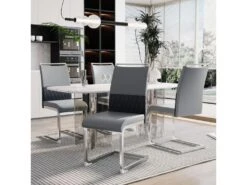 Lot De 4 Chaises De Salle à Manger - Dossier En Similicuir Et Lin - Gris