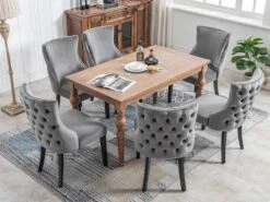 Lot De 6 Chaises De Salle à Manger En Velours - Cadre En Bois Massif - Gris