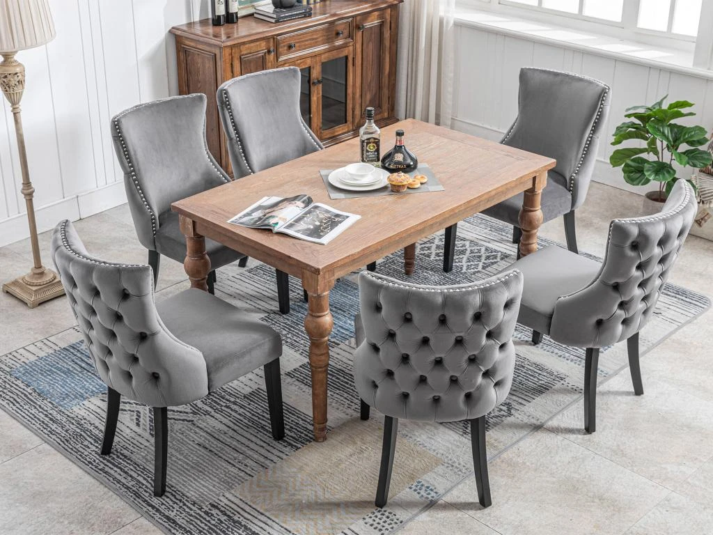 Lot De 6 Chaises De Salle à Manger En Velours - Cadre En Bois Massif - Gris 1 Lot De 6 Chaises De Salle à Manger En Velours - Cadre En Bois Massif - Gris