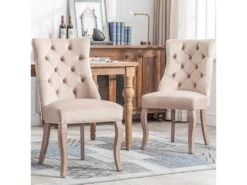 Lot De 2 Chaises De Salle à Manger En Velours - Matelassage De Boutons - Beige