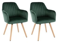 Lot De 2 Chaises Avec Accoudoirs - Velours Et Métal Effet Bois - Vert Foncé - ELEANA