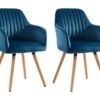 Lot De 2 Chaises Avec Accoudoirs - Velours Et Métal Effet Bois - Bleu - ELEANA