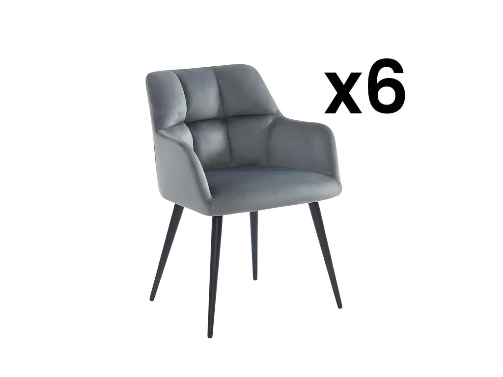 Lot De 6 Chaises Avec Accoudoirs - Velours Et Métal - Gris - PEGA 1 Lot De 6 Chaises Avec Accoudoirs - Velours Et Métal - Gris - PEGA