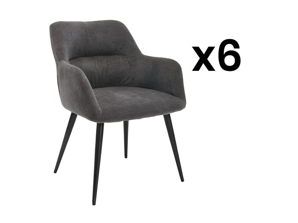 Lot De 6 Chaises - Avec Accoudoirs - Tissu Et Métal - Gris - HEKA 1 Lot De 6 Chaises - Avec Accoudoirs - Tissu Et Métal - Gris - HEKA
