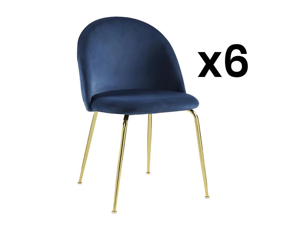 Lot De 6 Chaises - Velours Et Métal Doré - Bleu - MELBOURNE 1 Lot De 6 Chaises - Velours Et Métal Doré - Bleu - MELBOURNE